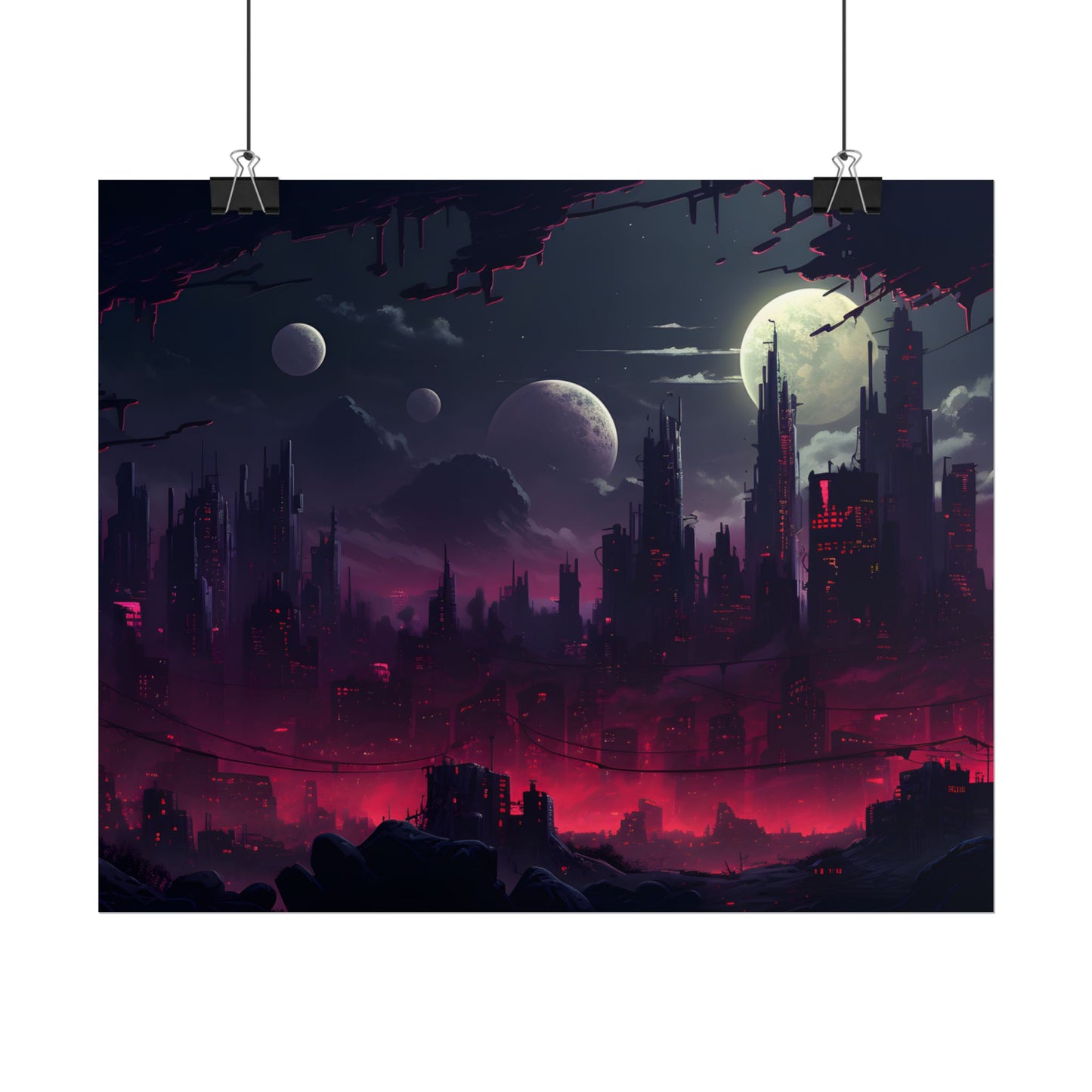 Burning Cyberpunk Cityscape at Night: Digital Art - Poster
