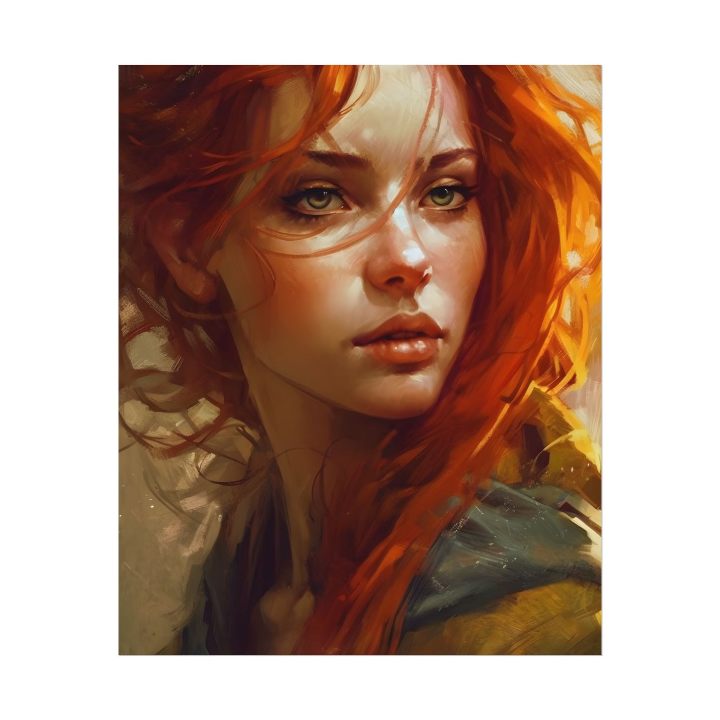 Elegant Redhead Portrait: Serious Female Artwork - Poster