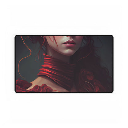 Vibrant Redhead Portrait: Female Artwork in Red Dress - Desk Mat