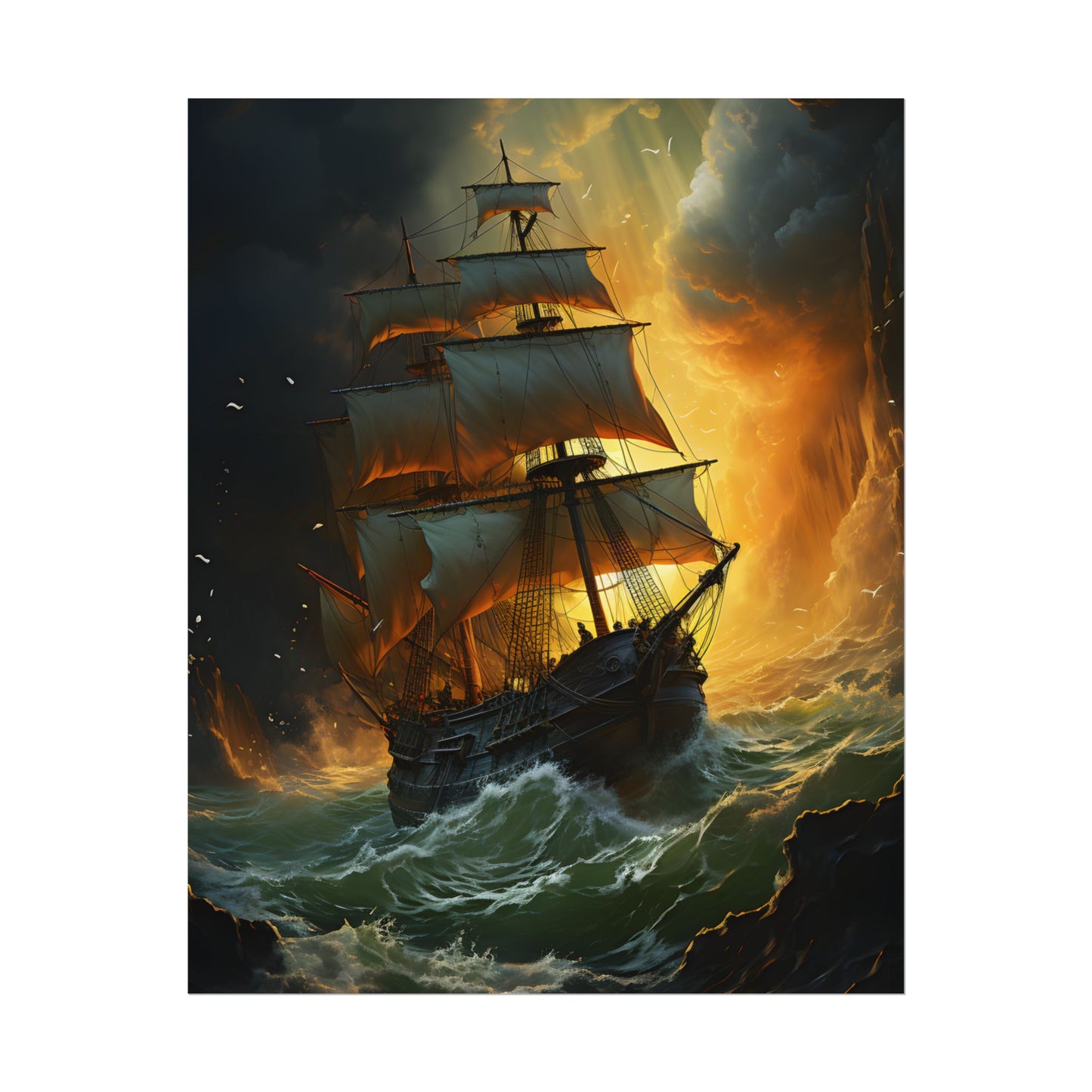 Mostly Green Seascape: Magnificent Oil Painting of a Ship - Poster