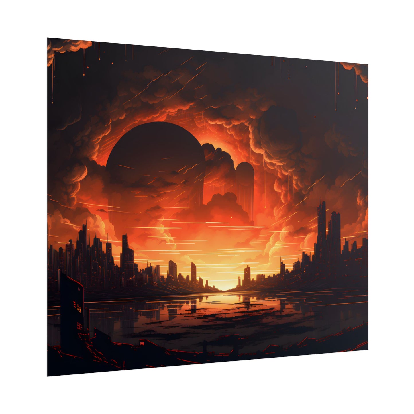 Futuristic Cyberpunk Night: Burning Cityscape Landscape Art - Poster