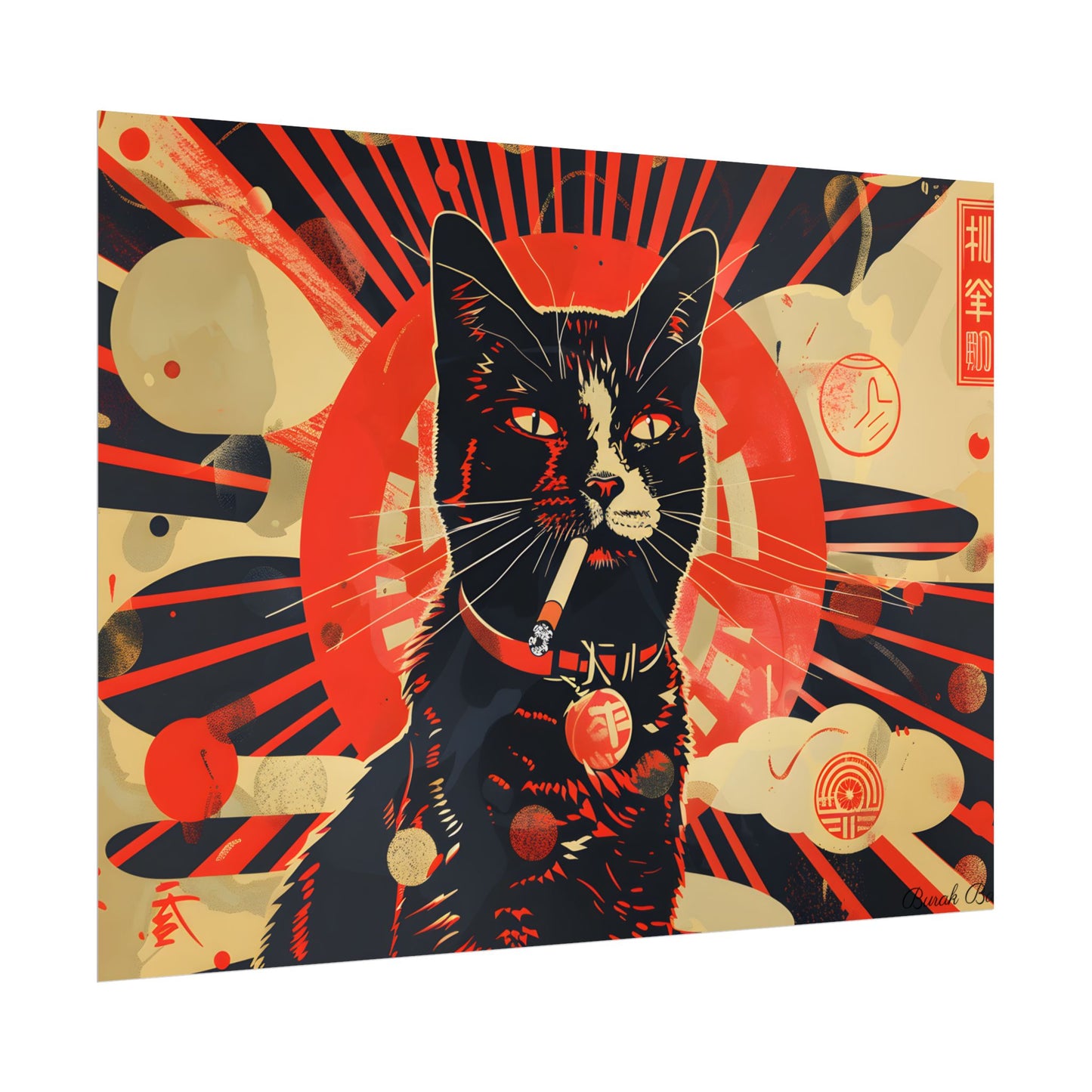 Vintage Whimsy: Cat Smokes Cigarette on Blue Background - Poster