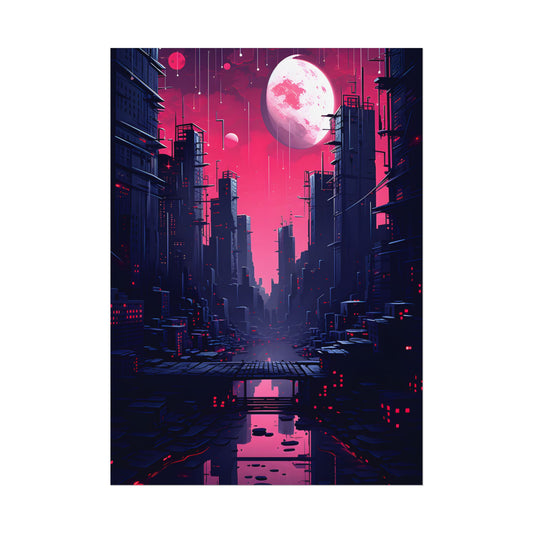 Melancholic Cyberpunk Cityscape: Nighttime Digital Artwork - Poster