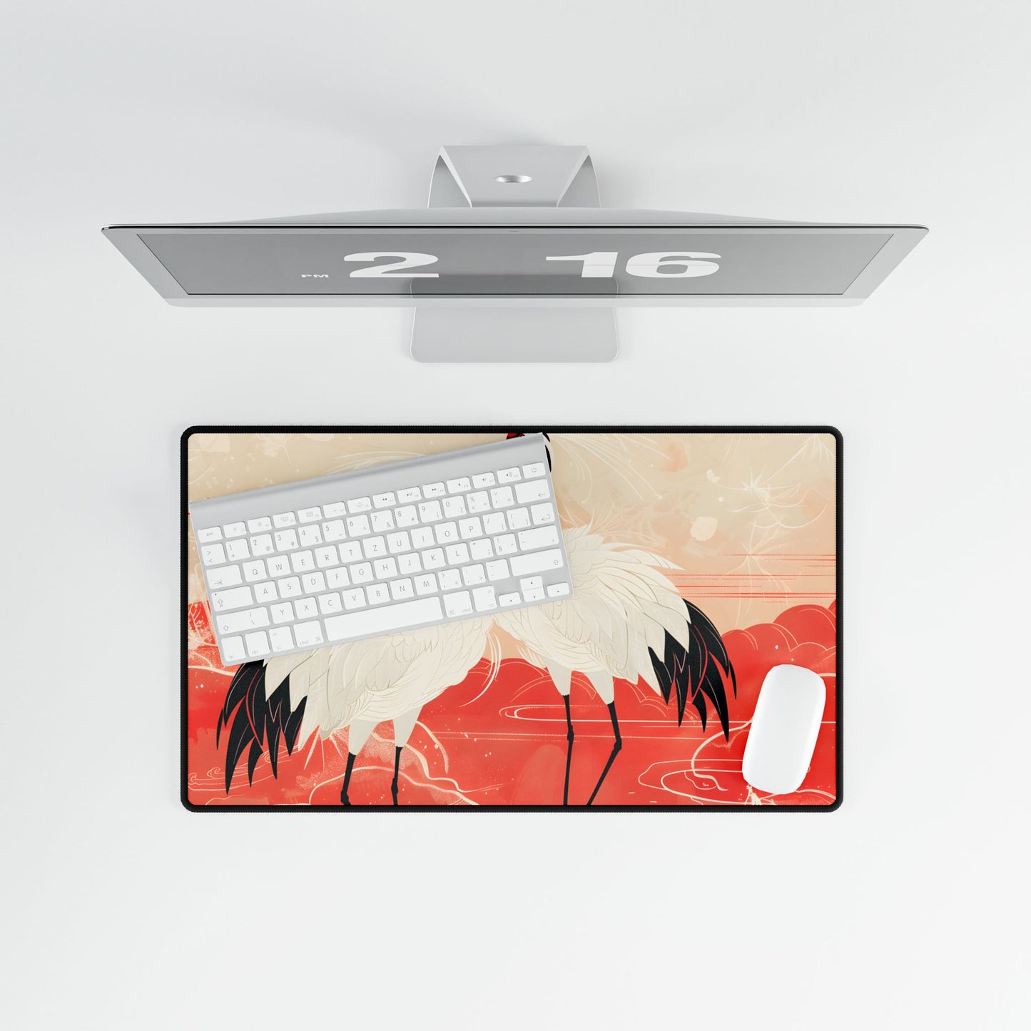 Serene Nature: Two Cranes Amidst Red and Green Landscape Art - Desk Mat