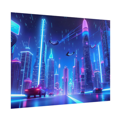 Vibrant Futuristic Cityscape: Neon Lights at Night Digital Artwork - Poster