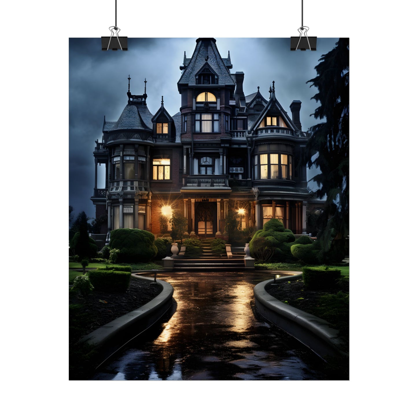 Haunted Victorian Mansion: Spooky Stormy Night Art - Poster
