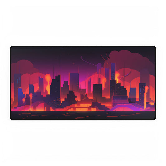 Burning Cyberpunk Cityscape: Nighttime Digital Artwork - Desk Mat