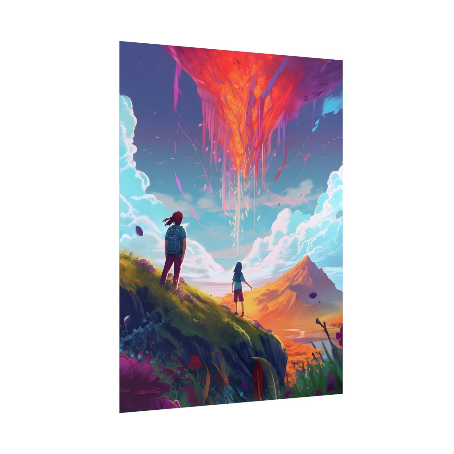 Children's Serene Moment: Meadow Under a Cloudy Sky - Poster