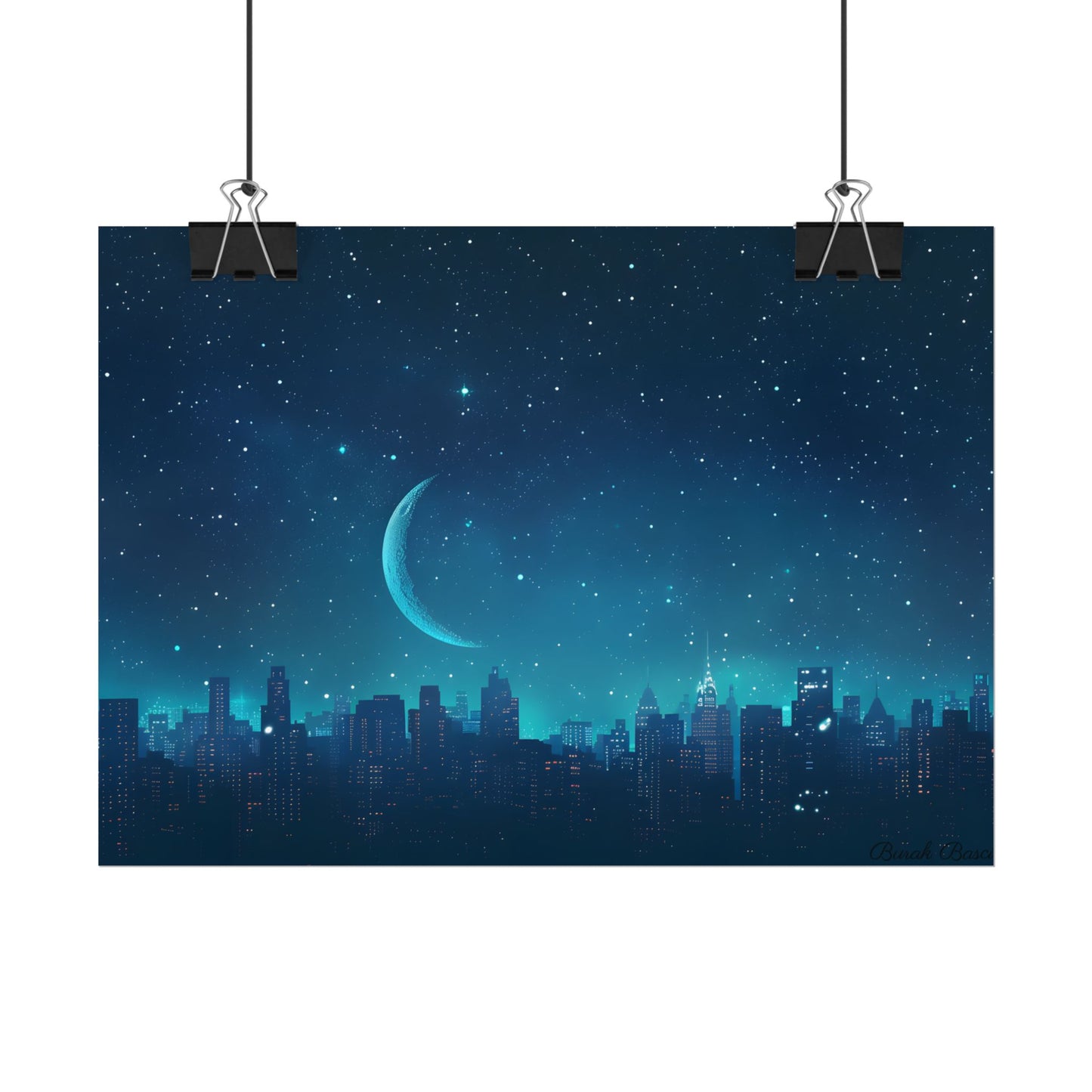 Starry Night Sky: Tranquil Dark Blue Scene with Crescent Moon - Poster