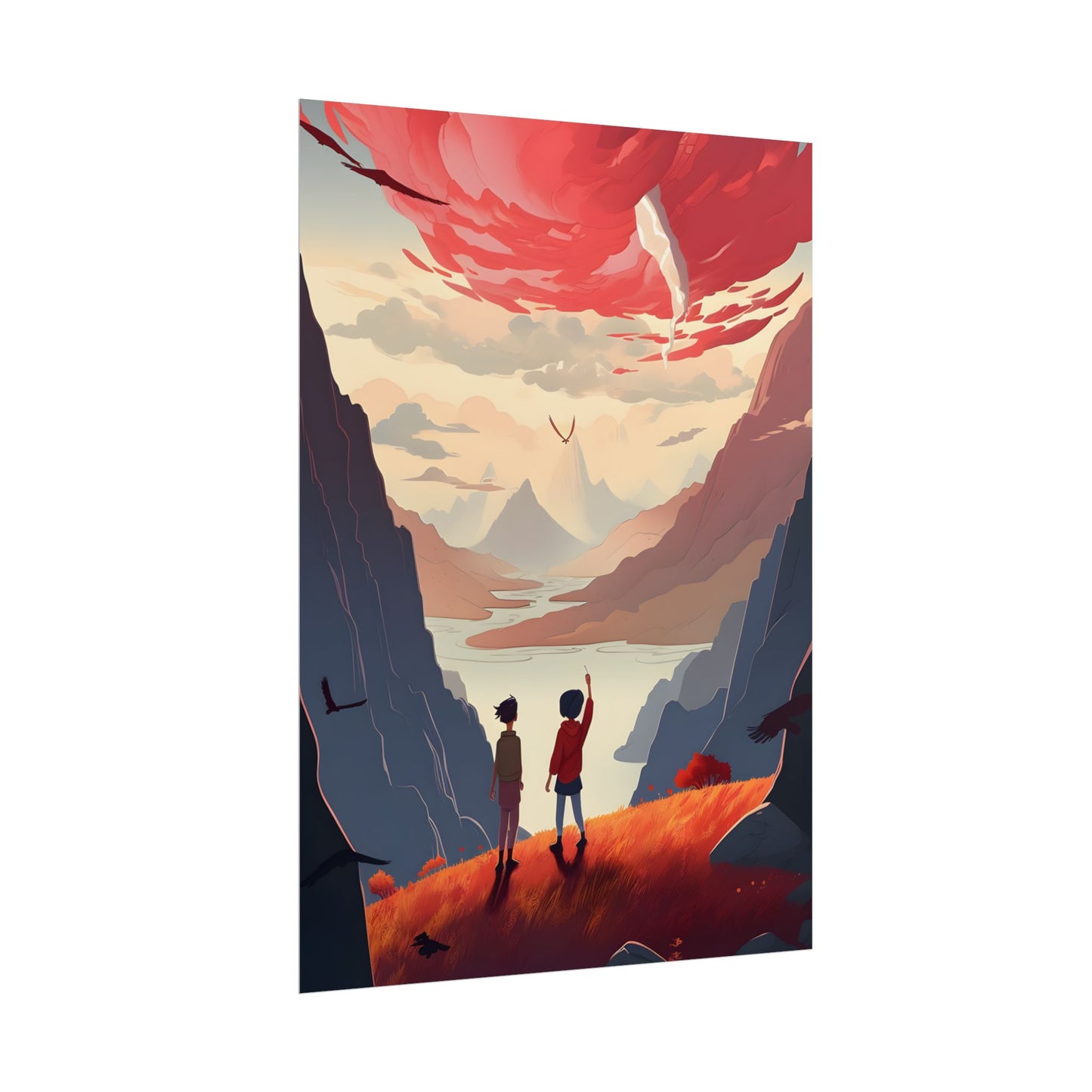Serene Meadow Scene: Girl & Boy Under Cloudy Sky - Poster