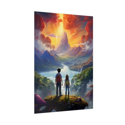 Girl, Boy, Meadow: A Peaceful Cloudy Day Artwork - Poster