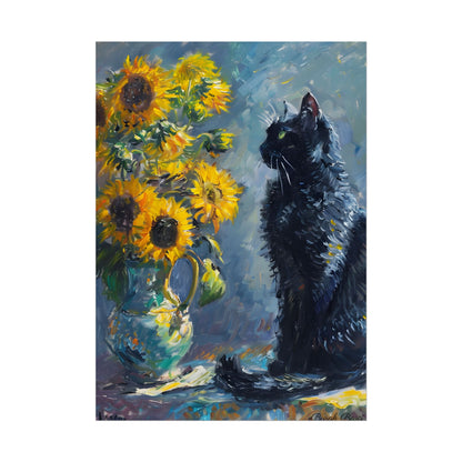 Whimsical Black Cat by Sunflowers: Serene Garden Art - Poster