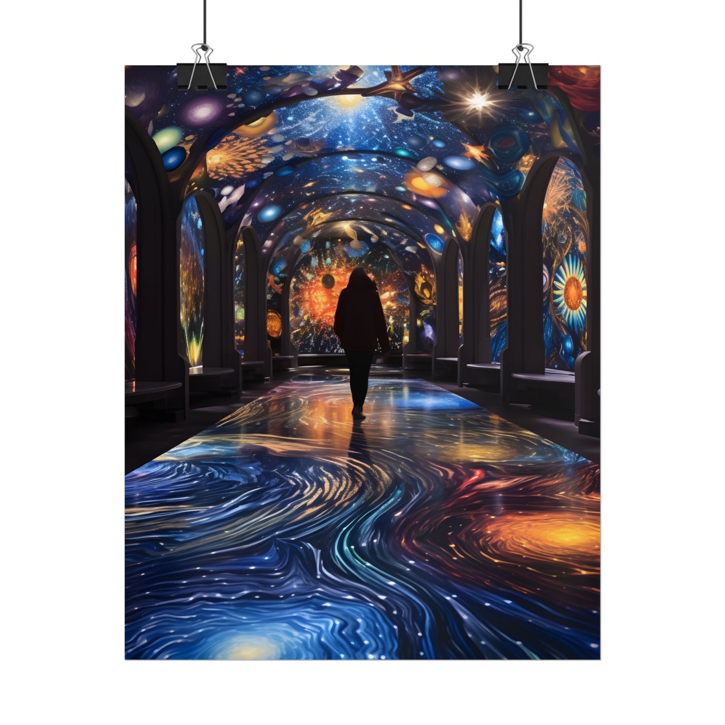 Celestial Art Gallery: Vibrant Space-Themed Artwork in a Colorful Interior - Poster