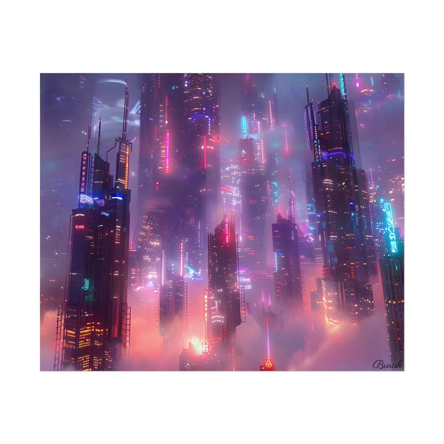 Neon Futuristic Cityscape: Graphic Modern Art - Poster