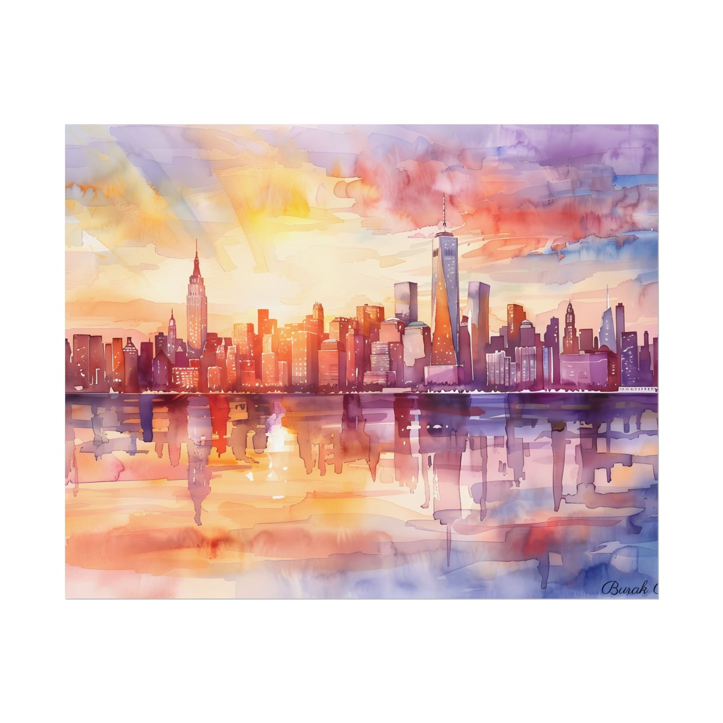 Watercolor Sunset New York City Skyline: Beautiful Artwork - Poster