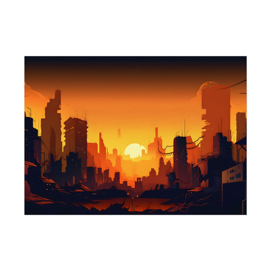 Cyberpunk Cityscape at Night: Digital Artwork of a Burning City - Poster