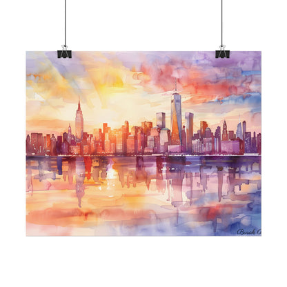 Watercolor Sunset New York City Skyline: Beautiful Artwork - Poster