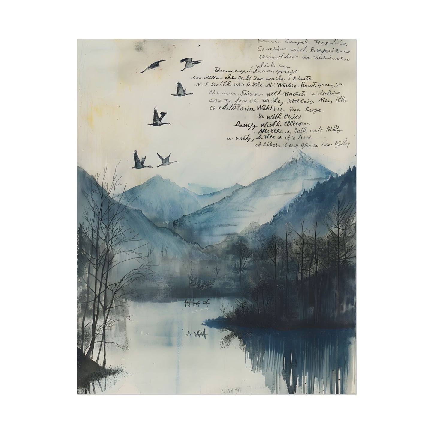 Nature's Serenity: Mountain Lake Birds in Flight Artwork - Poster