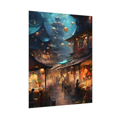 Enchanted Street Food Market: Vibrant Evening Artwork - Poster