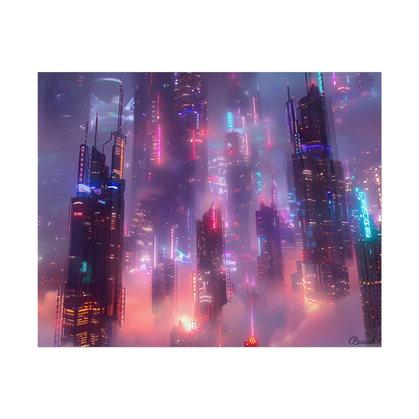 Neon Futuristic Cityscape: Graphic Modern Art - Poster