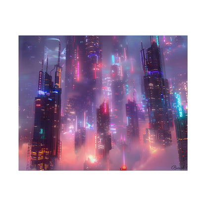 Neon Futuristic Cityscape: Graphic Modern Art - Poster