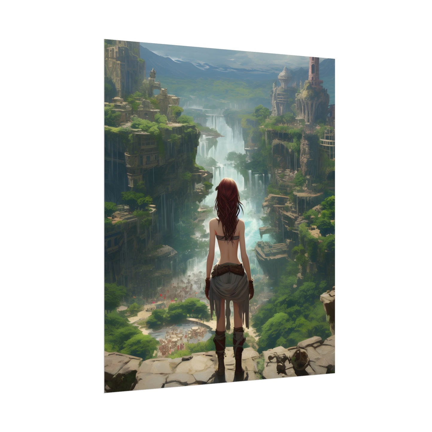 Dramatic Birds Eye View: Red Haired Anime Girl in Urban Landscape - Poster