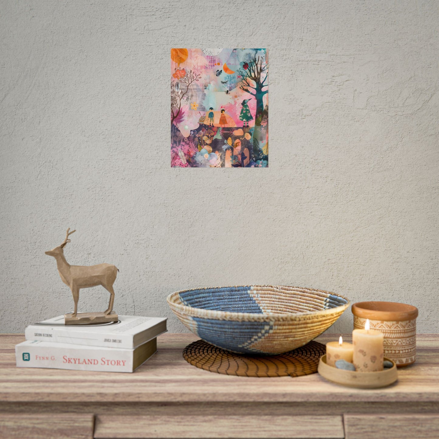 Colorful Whimsy: Blue Fish, Yellow Bird, Pink Cat Art Collage - Poster