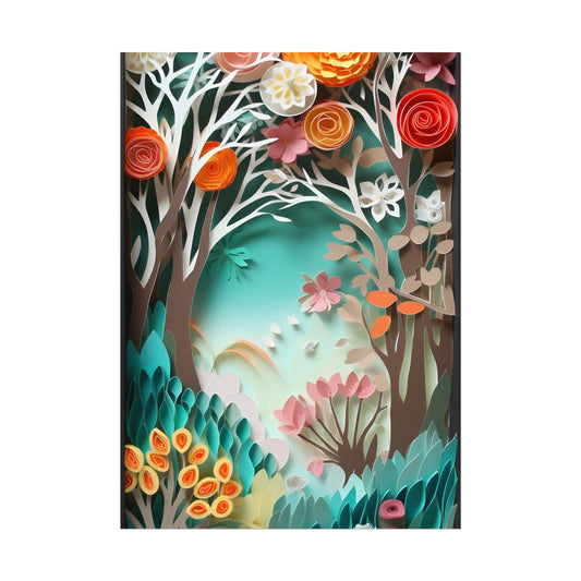 Vibrant Japanese Paper Quilled Landscape: Serene Blue River Scene - Poster