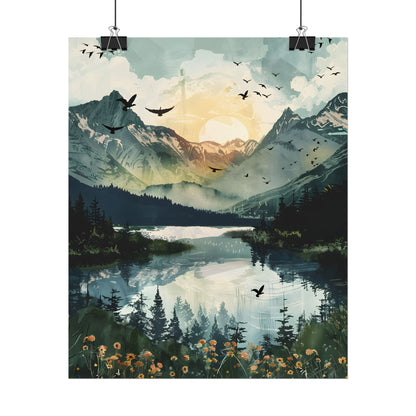 Serene Mountain Lake: Birds in Flight - Natural Art - Poster