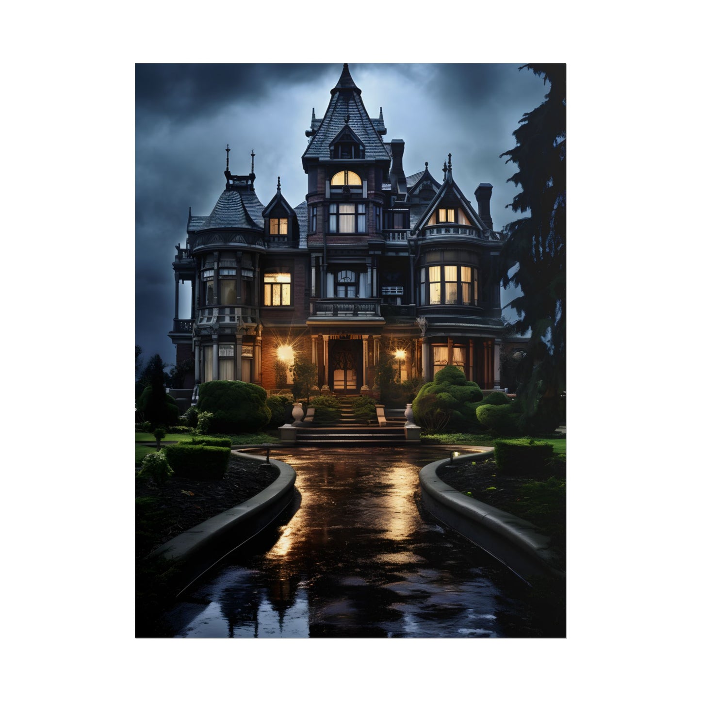 Haunted Victorian Mansion: Spooky Stormy Night Art - Poster