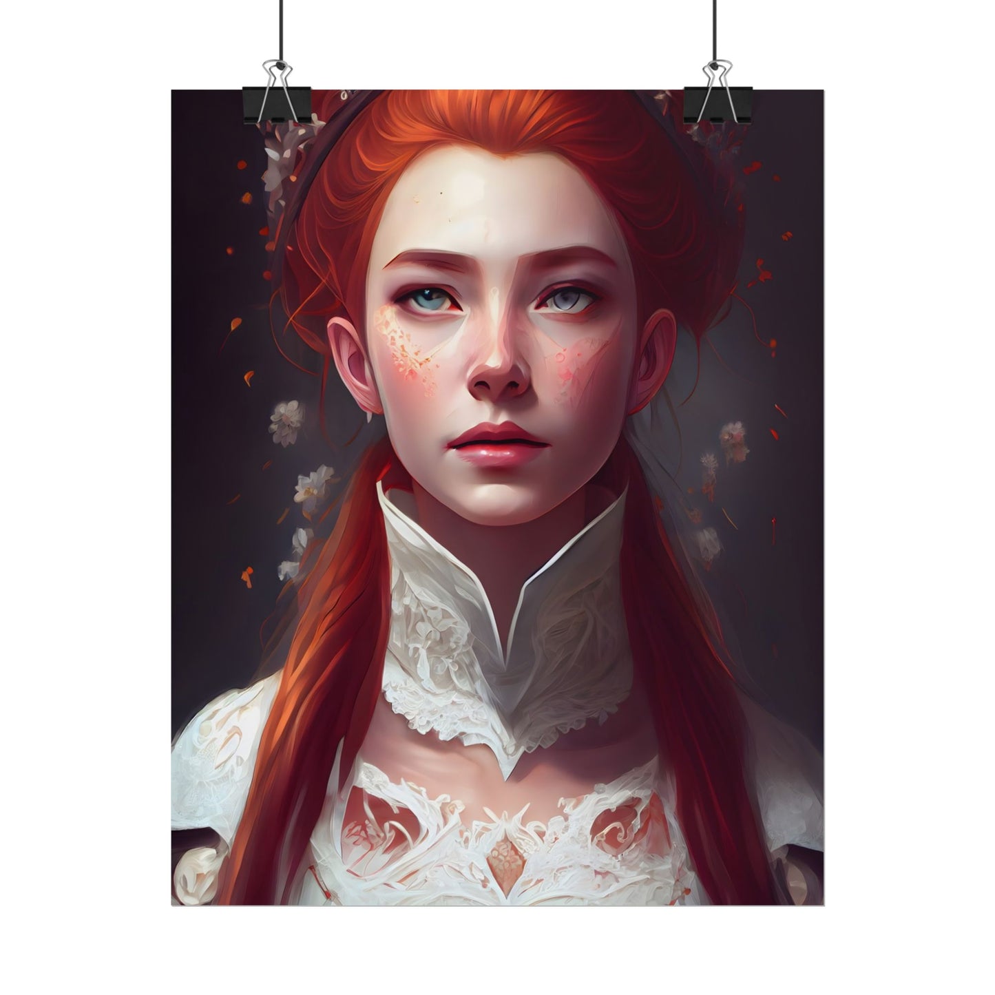 Soft Glow Redhead Portrait: Elegant Female Artwork in Dress - Poster