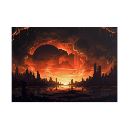 Futuristic Cyberpunk Night: Burning Cityscape Landscape Art - Poster