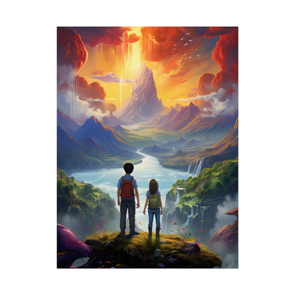 Girl, Boy, Meadow: A Peaceful Cloudy Day Artwork - Poster