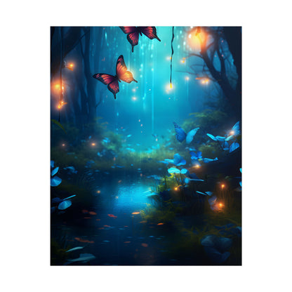 Moonlit Night Forest: Glowing Foggy Fantasy Bokeh Art - Poster