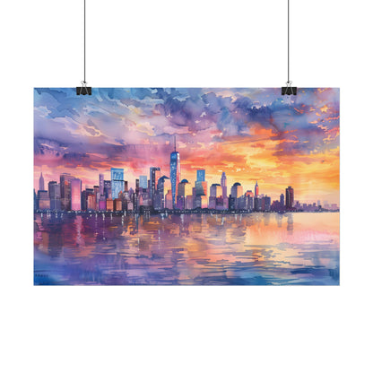 Serene NYC Sunset: Watercolor Skyline Reflections - Poster