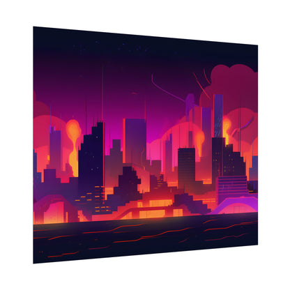 Burning Cyberpunk Cityscape: Nighttime Digital Artwork - Poster