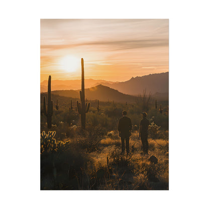 Desert Sunset Serenity: Two Friends Standing Together - Poster