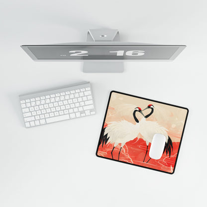 Serene Nature: Two Cranes Amidst Red and Green Landscape Art - Desk Mat