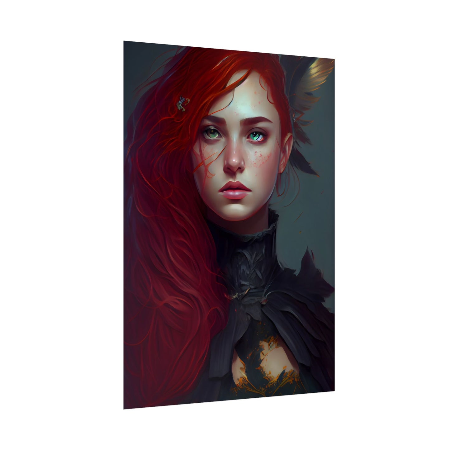 Vibrant Female Portrait: Red Hair Beauty in Neutral Dress - Poster