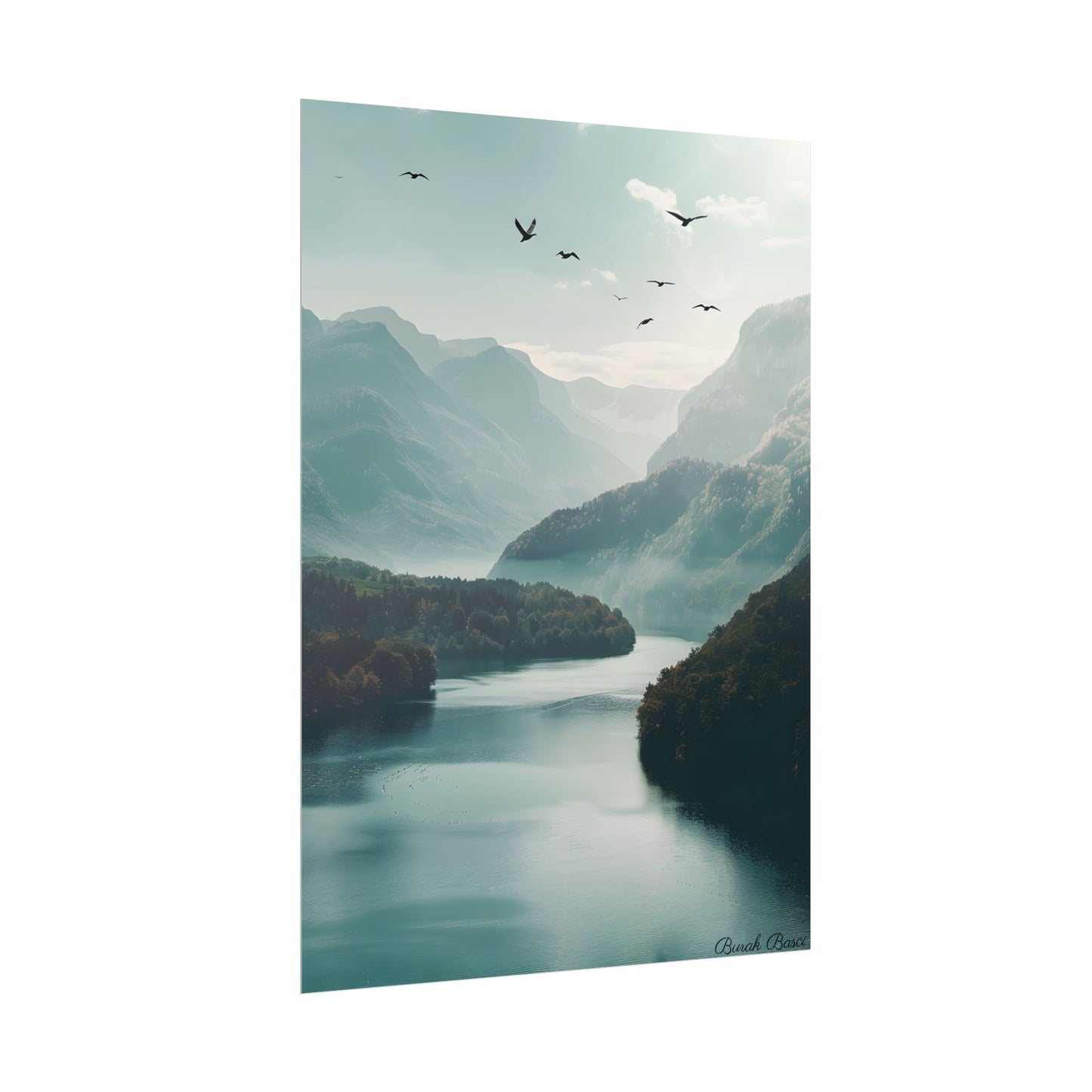 Explore Serene Mountains and Lake: Aerial Perspective Digital Art - Poster