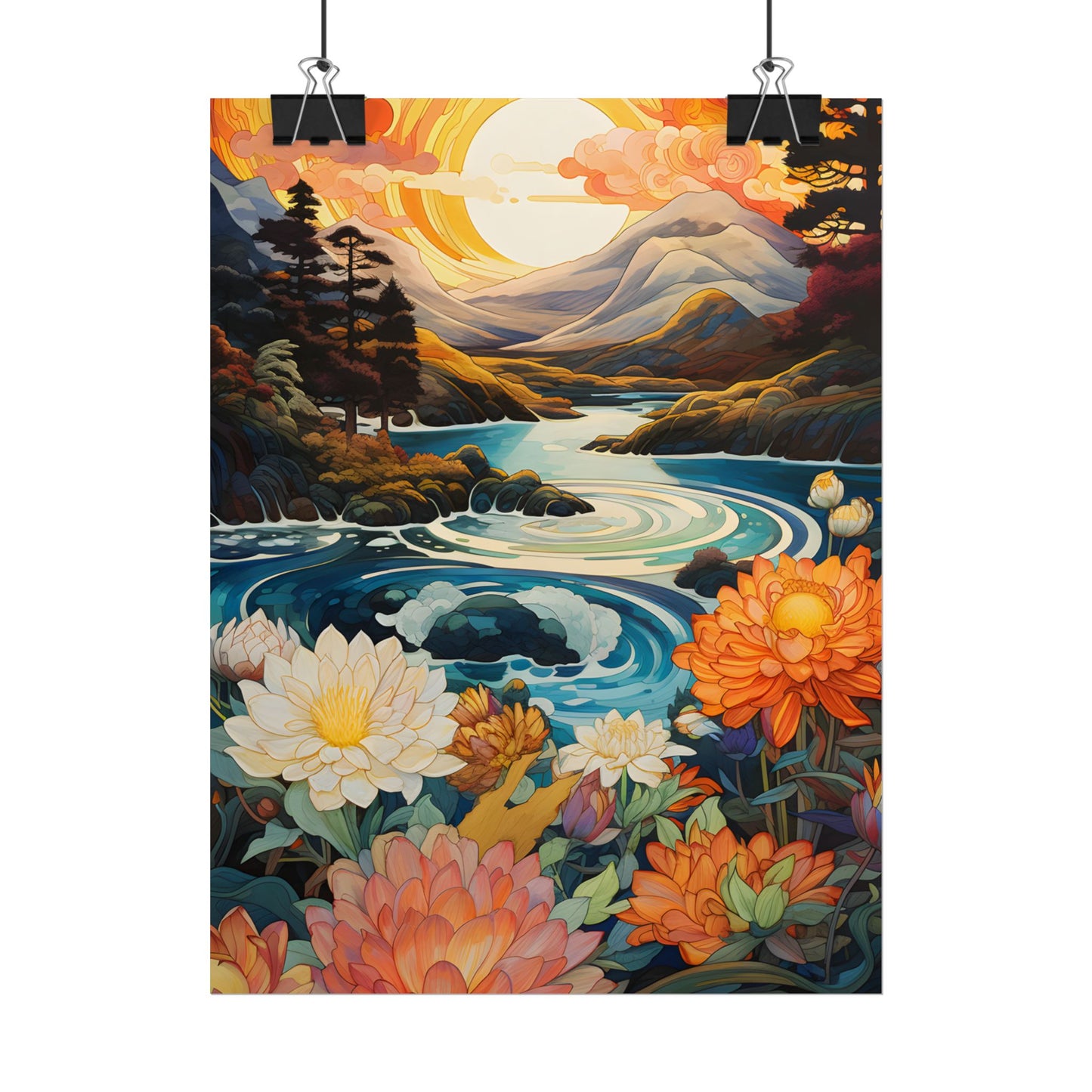 Peaceful River Landscape: Flowers Blooming - Poster