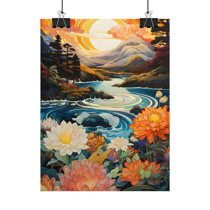 Peaceful River Landscape: Flowers Blooming - Poster