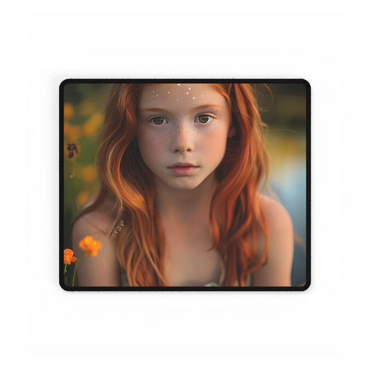 Red Hair, Sparkling Style: Confident Girl in Silver Shine - Desk Mat