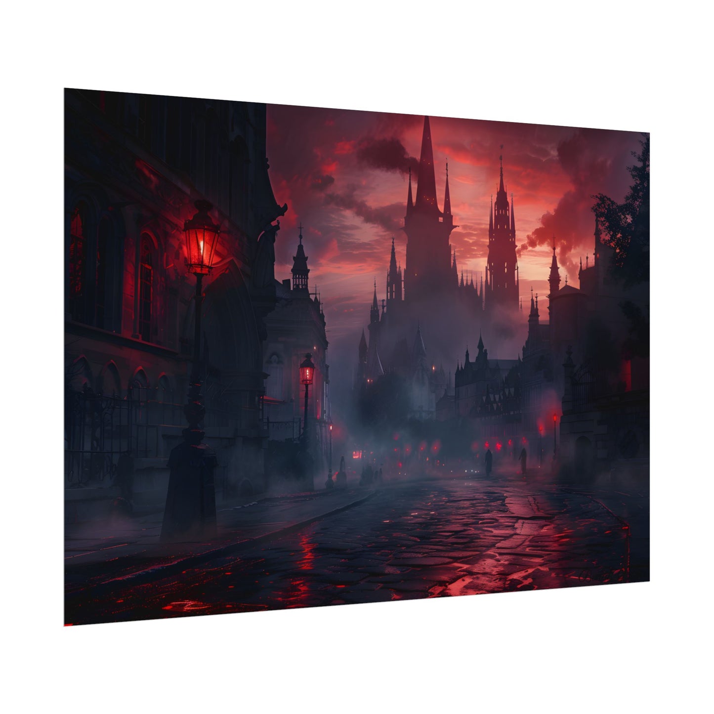 Gothic City Dusk: Pointed Arches and Misty Atmosphere - Poster