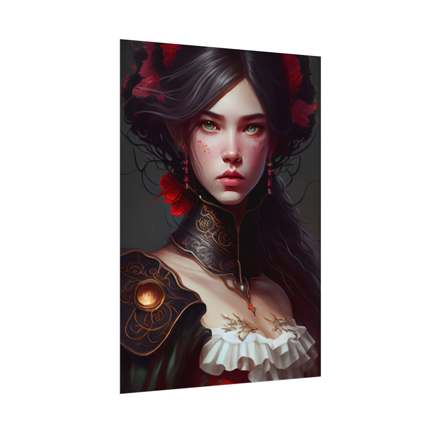 Elegant Black Hair Portrait in White Dress - Poster