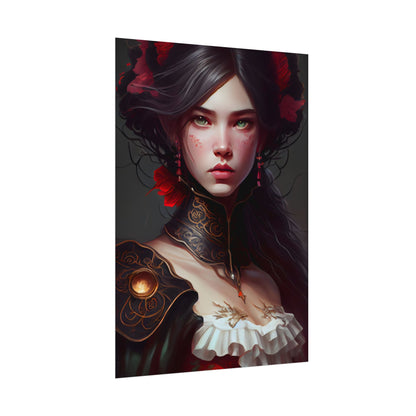Elegant Black Hair Portrait in White Dress - Poster