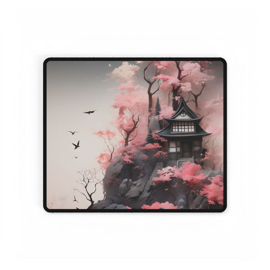 Ash Magenta Masterpiece: Rugged Landscape with Moss Green Forest - Desk Mat