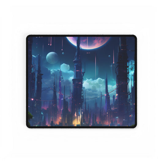 Cyberpunk Night: Melancholic Urban Landscape Digital Artwork - Desk Mat
