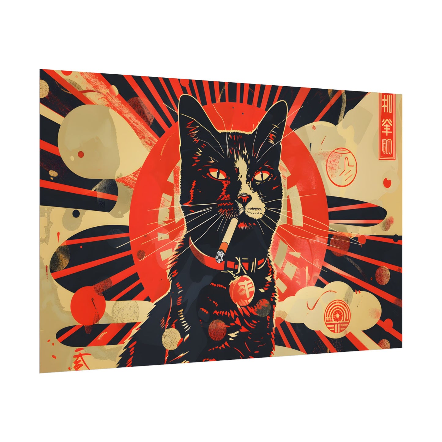 Vintage Whimsy: Cat Smokes Cigarette on Blue Background - Poster
