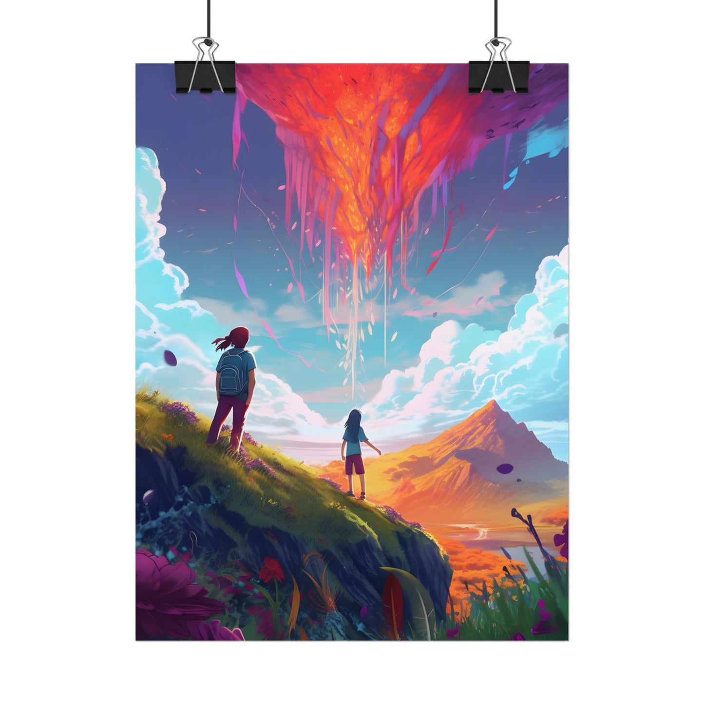 Children's Serene Moment: Meadow Under a Cloudy Sky - Poster